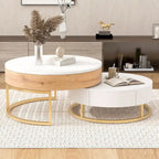 Ensemble de tables basses gigognes rondes relevables blanches et chêne pour 2 à 4 personnes, 2 pièces