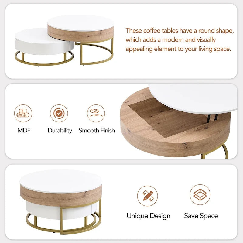 Ensemble de tables basses gigognes rondes relevables blanches et chêne pour 2 à 4 personnes, 2 pièces