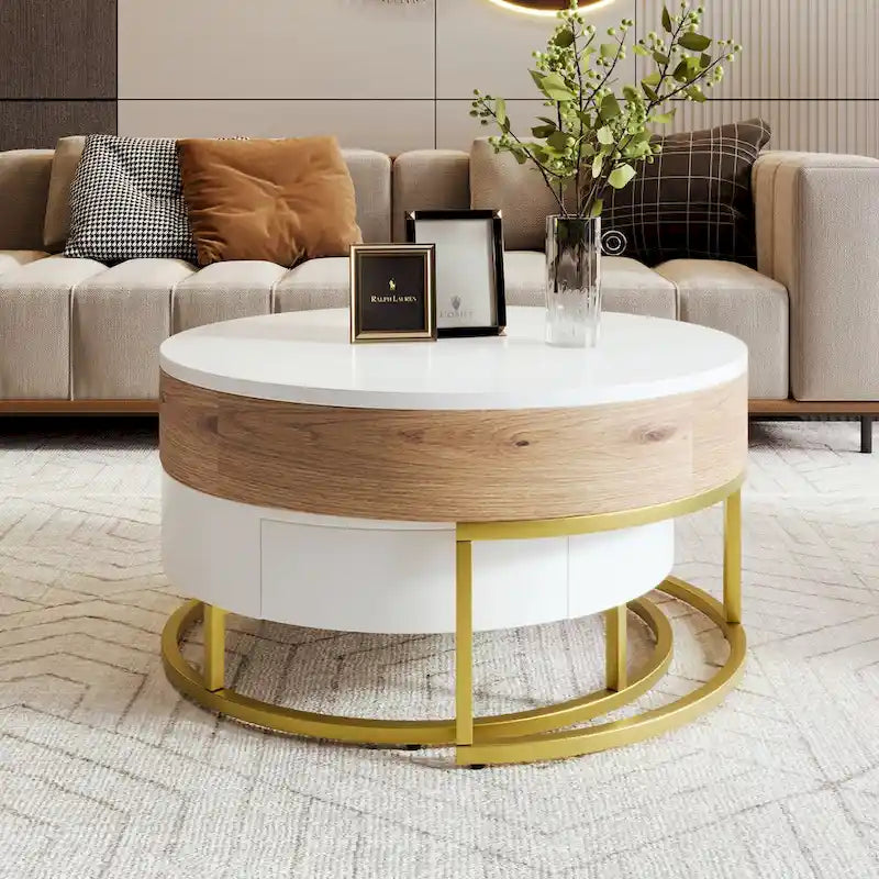 Ensemble de tables basses gigognes rondes relevables blanches et chêne pour 2 à 4 personnes, 2 pièces