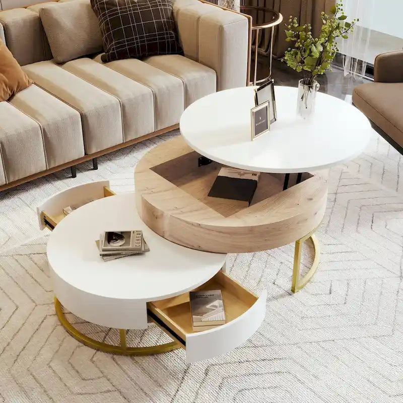 Ensemble de tables basses gigognes rondes relevables blanches et chêne pour 2 à 4 personnes, 2 pièces