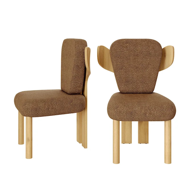 Chaise de salle à manger à dossier haut en tissu Teddy, coloris orange/beige/noir/blanc, avec pieds en bois – Lot de 2