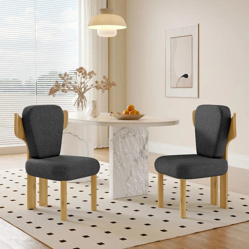 Chaise de salle à manger à dossier haut en tissu Teddy, coloris orange/beige/noir/blanc, avec pieds en bois – Lot de 2