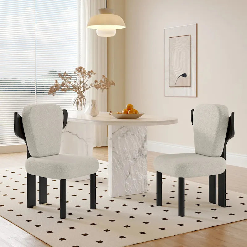 Chaise de salle à manger à dossier haut en tissu Teddy, coloris orange/beige/noir/blanc, avec pieds en bois – Lot de 2
