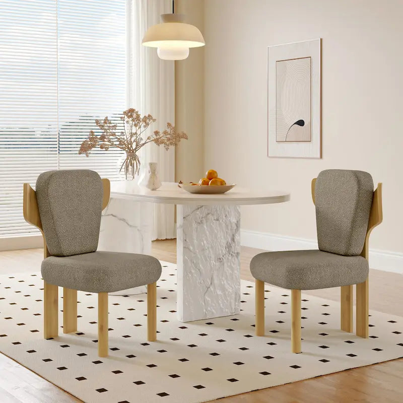Chaise de salle à manger à dossier haut en tissu Teddy, coloris orange/beige/noir/blanc, avec pieds en bois – Lot de 2