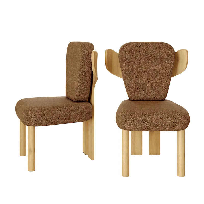 Chaise de salle à manger à dossier haut en tissu Teddy, coloris orange/beige/noir/blanc, avec pieds en bois – Lot de 2