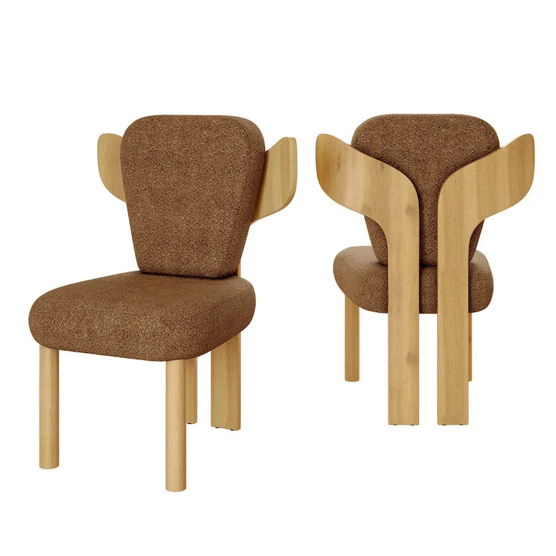 Chaise de salle à manger à dossier haut en tissu Teddy, coloris orange/beige/noir/blanc, avec pieds en bois – Lot de 2