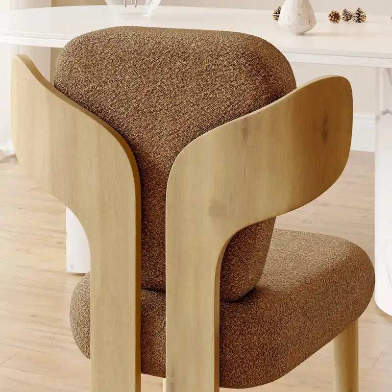 Chaise de salle à manger à dossier haut en tissu Teddy, coloris orange/beige/noir/blanc, avec pieds en bois – Lot de 2