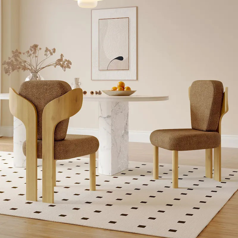Chaise de salle à manger à dossier haut en tissu Teddy, coloris orange/beige/noir/blanc, avec pieds en bois – Lot de 2