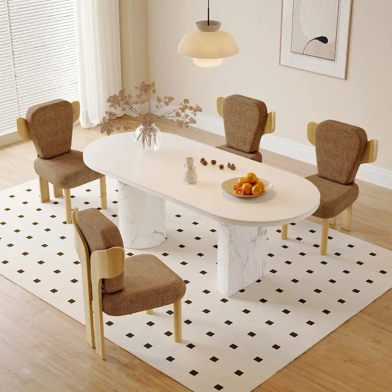 Chaise de salle à manger à dossier haut en tissu Teddy, coloris orange/beige/noir/blanc, avec pieds en bois – Lot de 2