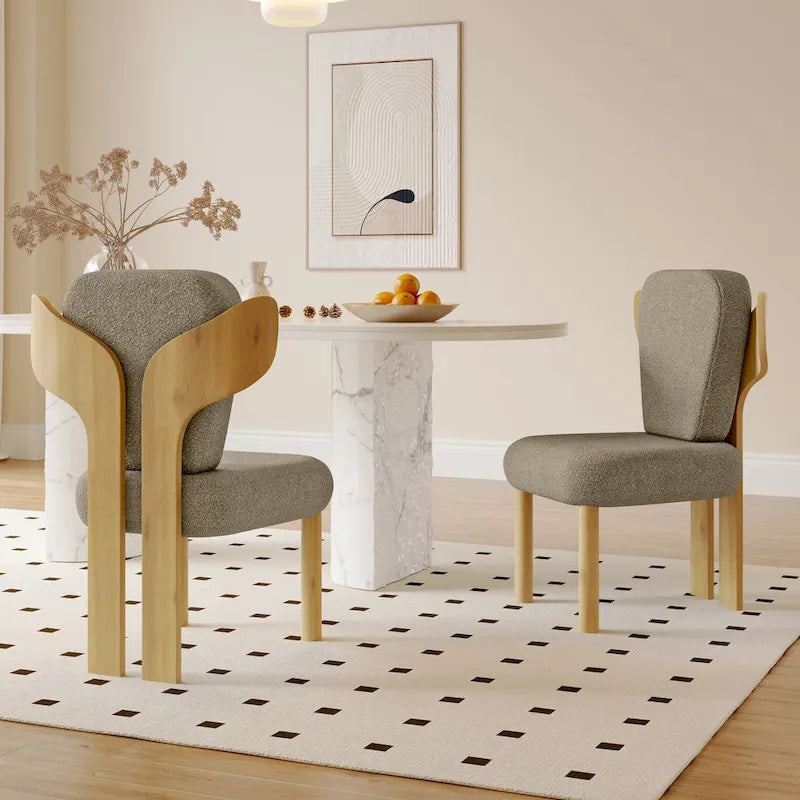 Chaise de salle à manger à dossier haut en tissu Teddy, coloris orange/beige/noir/blanc, avec pieds en bois – Lot de 2