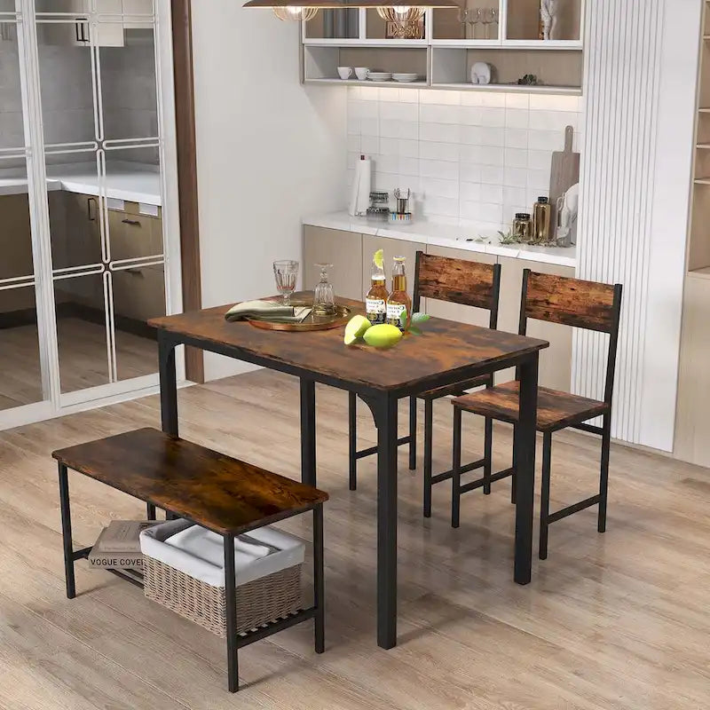 4PCS Dining Table Set Rustic Desk 2 Chairs Bench Storage Rack