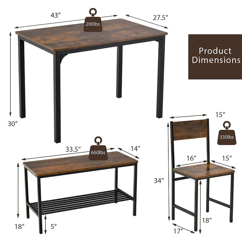 Ensemble de table à manger 4 pièces Coffee avec banc et 2 chaises, 4 places